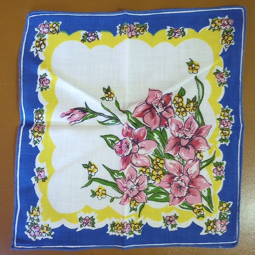 8 Floral Vintage Handkerchiefs. Red Pink Yellow Gold Green Aqua Blue Brown White - Picture 7 of 9